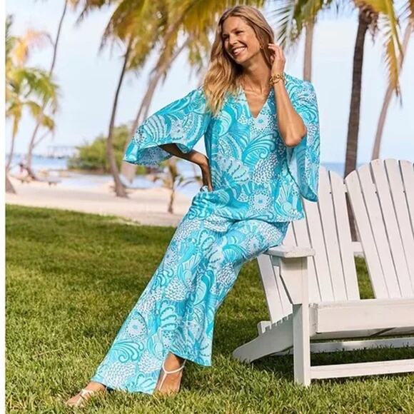 NWT Jude Connally Trixie Enchanted Sea Aqua Wide-Leg Pull-On Pants Size Small - Picture 4 of 4